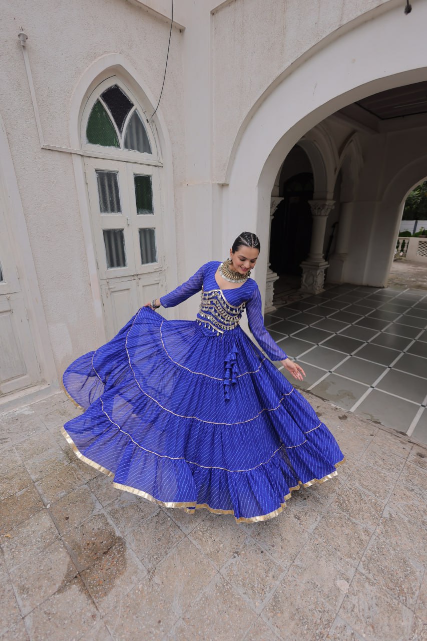 Blue Navratri Special Leheriya Print Lehenga Choli with 12 Mtr Flair & Mirror Lace Work ClothsVilla
