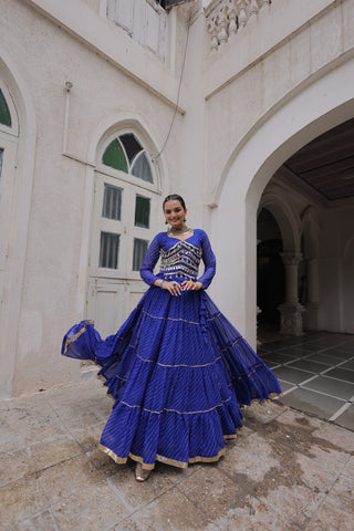 Blue Navratri Special Leheriya Print Lehenga Choli with 12 Mtr Flair & Mirror Lace Work ClothsVilla