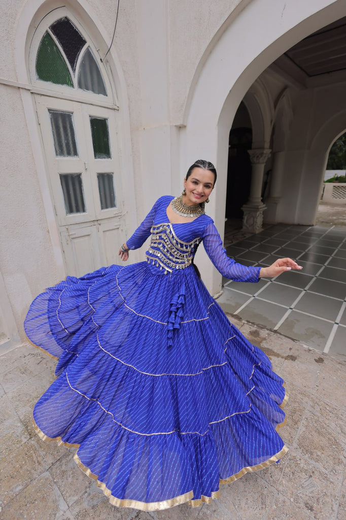 Blue Navratri Special Leheriya Print Lehenga Choli with 12 Mtr Flair & Mirror Lace Work ClothsVilla