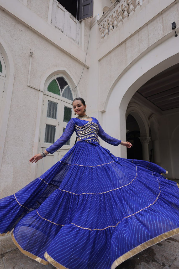 Blue Navratri Special Leheriya Print Lehenga Choli with 12 Mtr Flair & Mirror Lace Work ClothsVilla