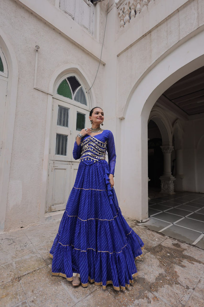 Blue Navratri Special Leheriya Print Lehenga Choli with 12 Mtr Flair & Mirror Lace Work ClothsVilla