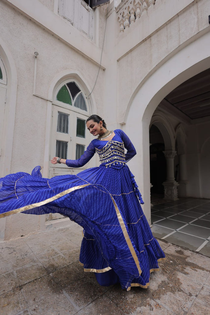 Blue Navratri Special Leheriya Print Lehenga Choli with 12 Mtr Flair & Mirror Lace Work ClothsVilla