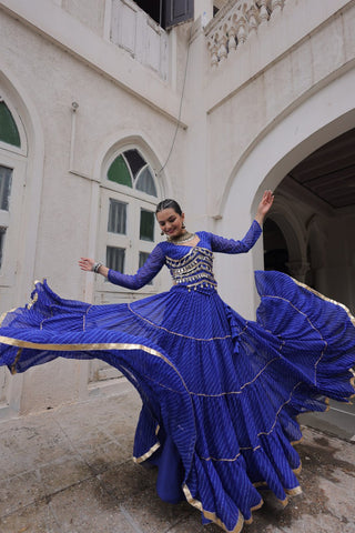 Blue Navratri Special Leheriya Print Lehenga Choli with 12 Mtr Flair & Mirror Lace Work ClothsVilla