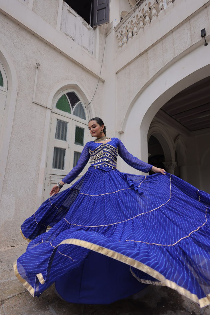 Blue Navratri Special Leheriya Print Lehenga Choli with 12 Mtr Flair & Mirror Lace Work ClothsVilla