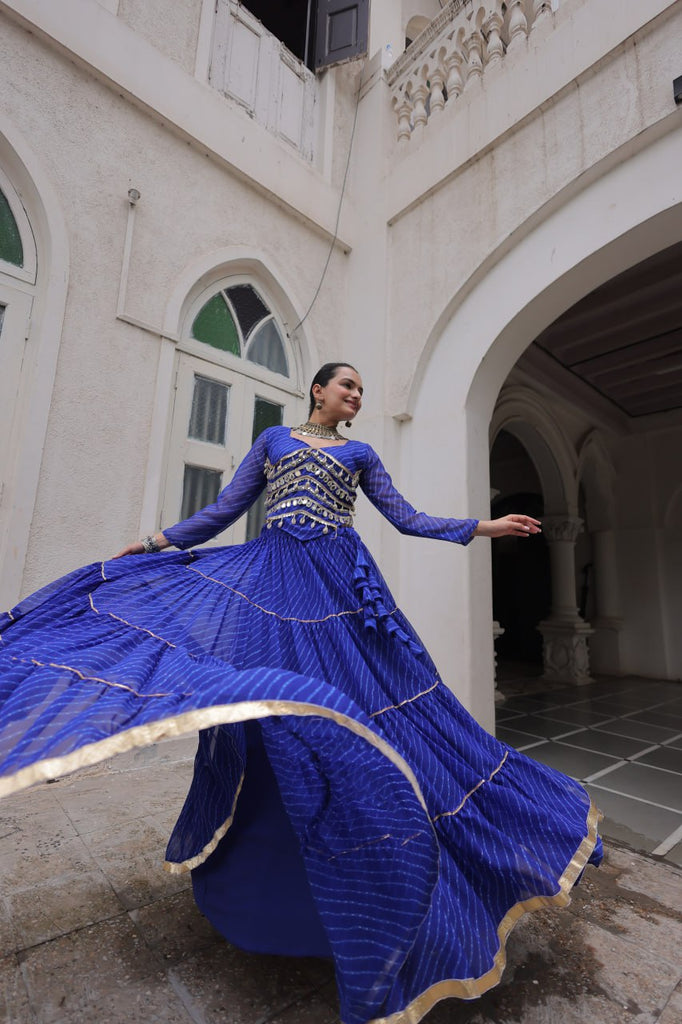 Blue Navratri Special Leheriya Print Lehenga Choli with 12 Mtr Flair & Mirror Lace Work ClothsVilla