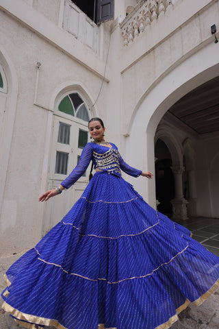 Blue Navratri Special Leheriya Print Lehenga Choli with 12 Mtr Flair & Mirror Lace Work ClothsVilla