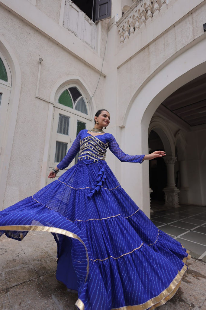 Blue Navratri Special Leheriya Print Lehenga Choli with 12 Mtr Flair & Mirror Lace Work ClothsVilla