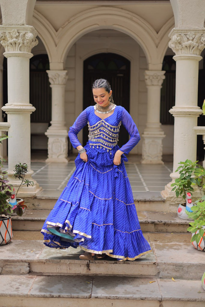 Blue Navratri Special Leheriya Print Lehenga Choli with 12 Mtr Flair & Mirror Lace Work ClothsVilla