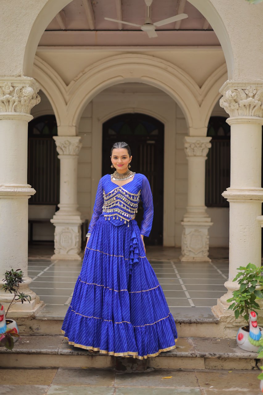 Blue Navratri Special Leheriya Print Lehenga Choli with 12 Mtr Flair & Mirror Lace Work ClothsVilla