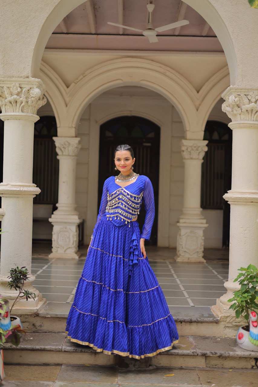 Blue Navratri Special Leheriya Print Lehenga Choli with 12 Mtr Flair & Mirror Lace Work Secondary image