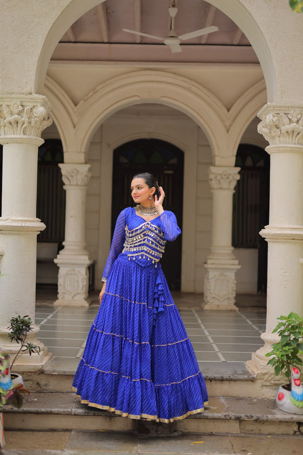 Blue Navratri Special Leheriya Print Lehenga Choli with 12 Mtr Flair & Mirror Lace Work ClothsVilla