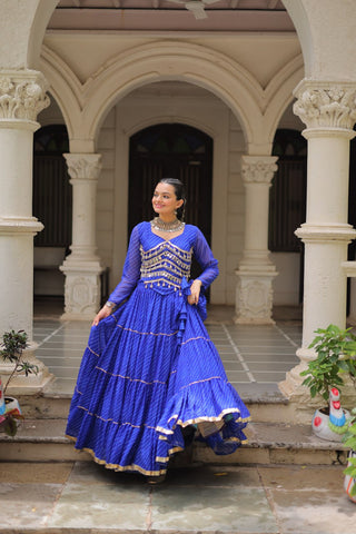 Blue Navratri Special Leheriya Print Lehenga Choli with 12 Mtr Flair & Mirror Lace Work ClothsVilla