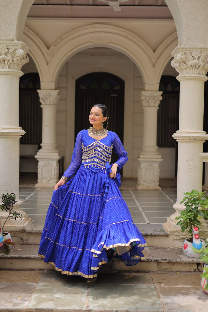 Blue Navratri Special Leheriya Print Lehenga Choli with 12 Mtr Flair & Mirror Lace Work ClothsVilla