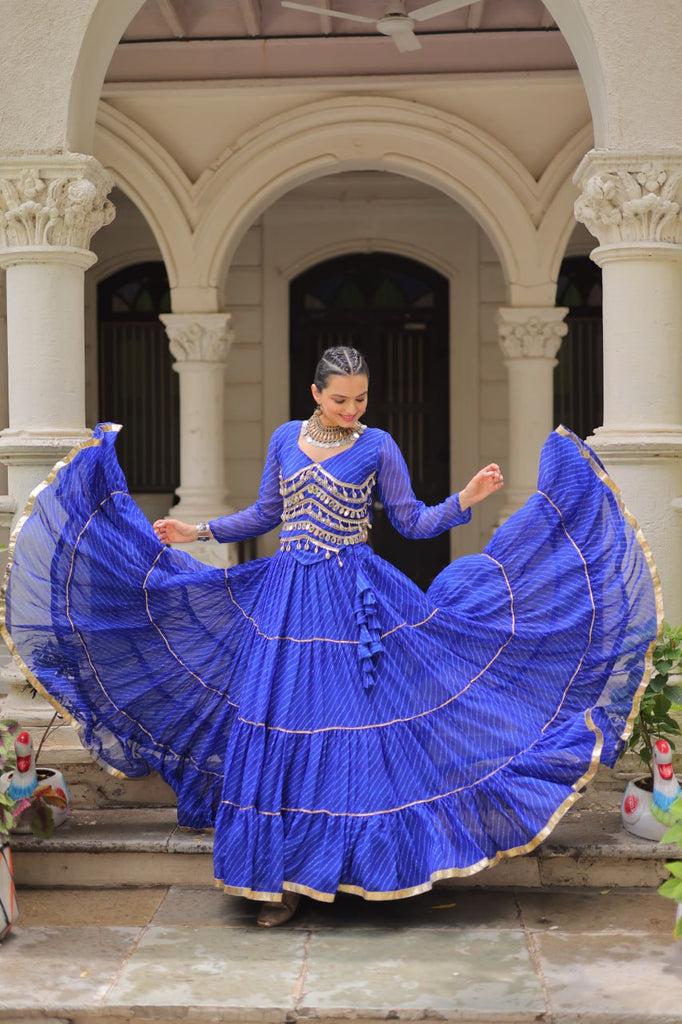 Blue Navratri Special Leheriya Print Lehenga Choli with 12 Mtr Flair & Mirror Lace Work ClothsVilla