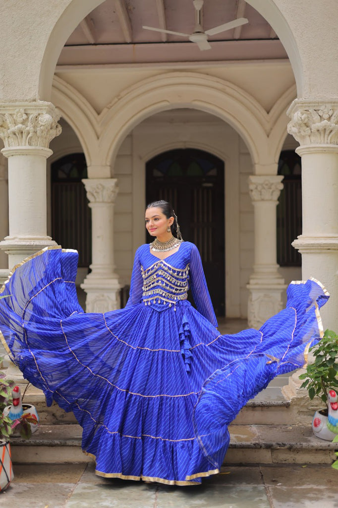 Blue Navratri Special Leheriya Print Lehenga Choli with 12 Mtr Flair & Mirror Lace Work ClothsVilla