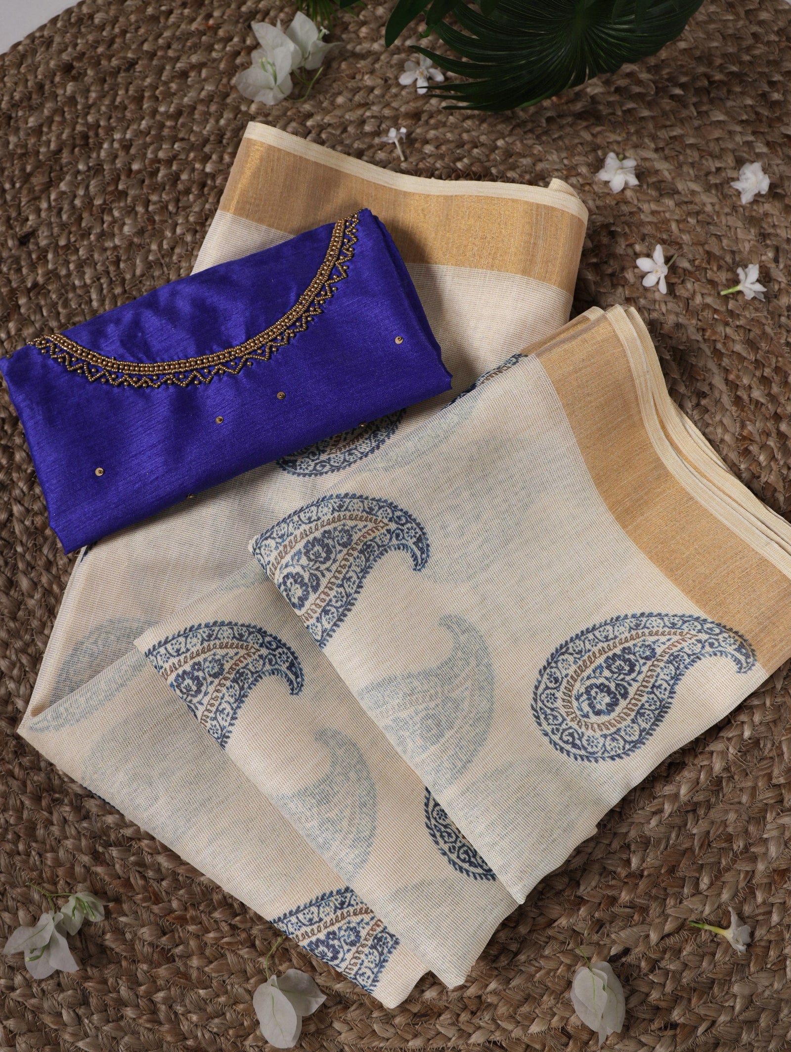 Blue Onam Printed Saree with Banglory Bead Work Blouse Clothsvilla