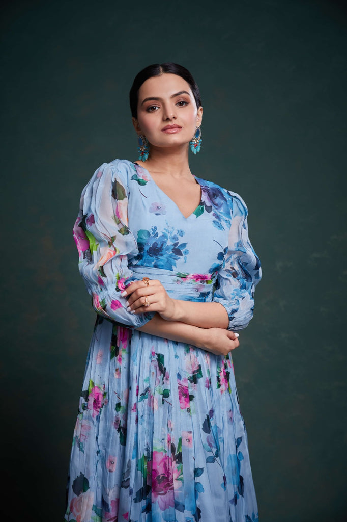 Blue Organza Dress with Stylish Prints – Ready to Wear ClothsVilla