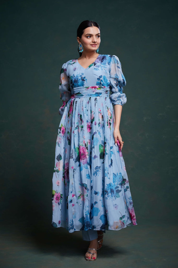 Blue Organza Dress with Stylish Prints – Ready to Wear ClothsVilla