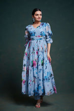 Load image into Gallery viewer, Blue Organza Dress with Stylish Prints – Ready to Wear ClothsVilla