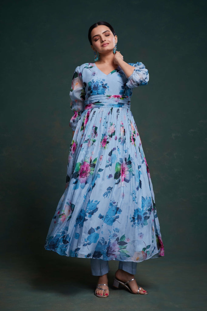 Blue Organza Dress with Stylish Prints – Ready to Wear ClothsVilla