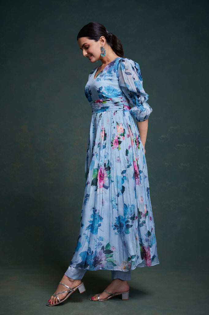 Blue Organza Dress with Stylish Prints – Ready to Wear ClothsVilla