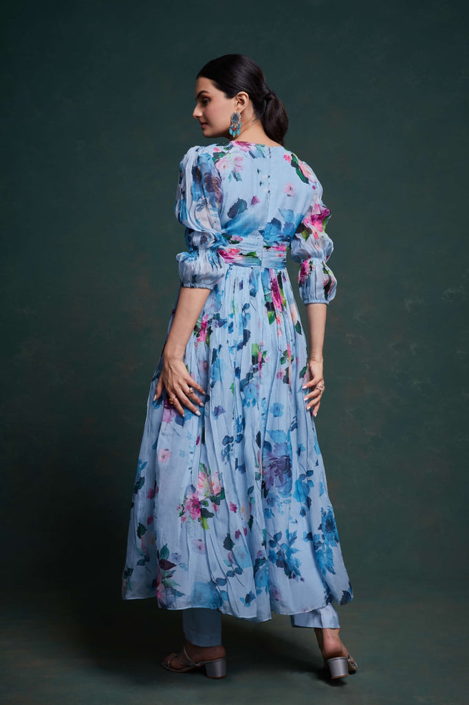 Blue Organza Dress with Stylish Prints – Ready to Wear ClothsVilla