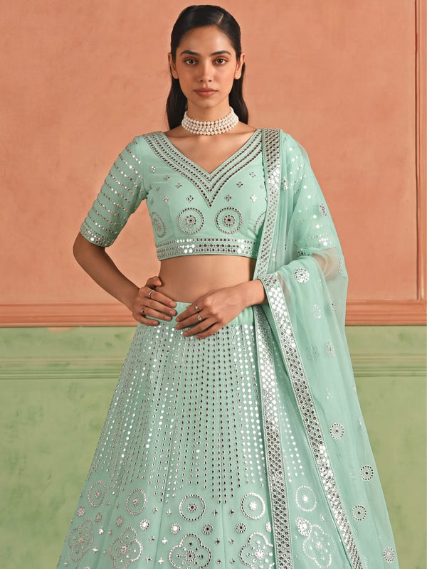 Blue Organza Embroidered Foil Mirror Work Lehenga Choli Clothsvilla