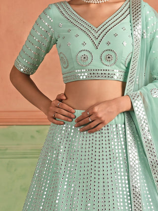 Blue Organza Embroidered Foil Mirror Work Lehenga Choli Clothsvilla