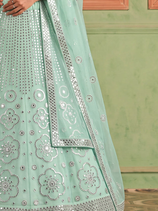 Blue Organza Embroidered Foil Mirror Work Lehenga Choli Clothsvilla