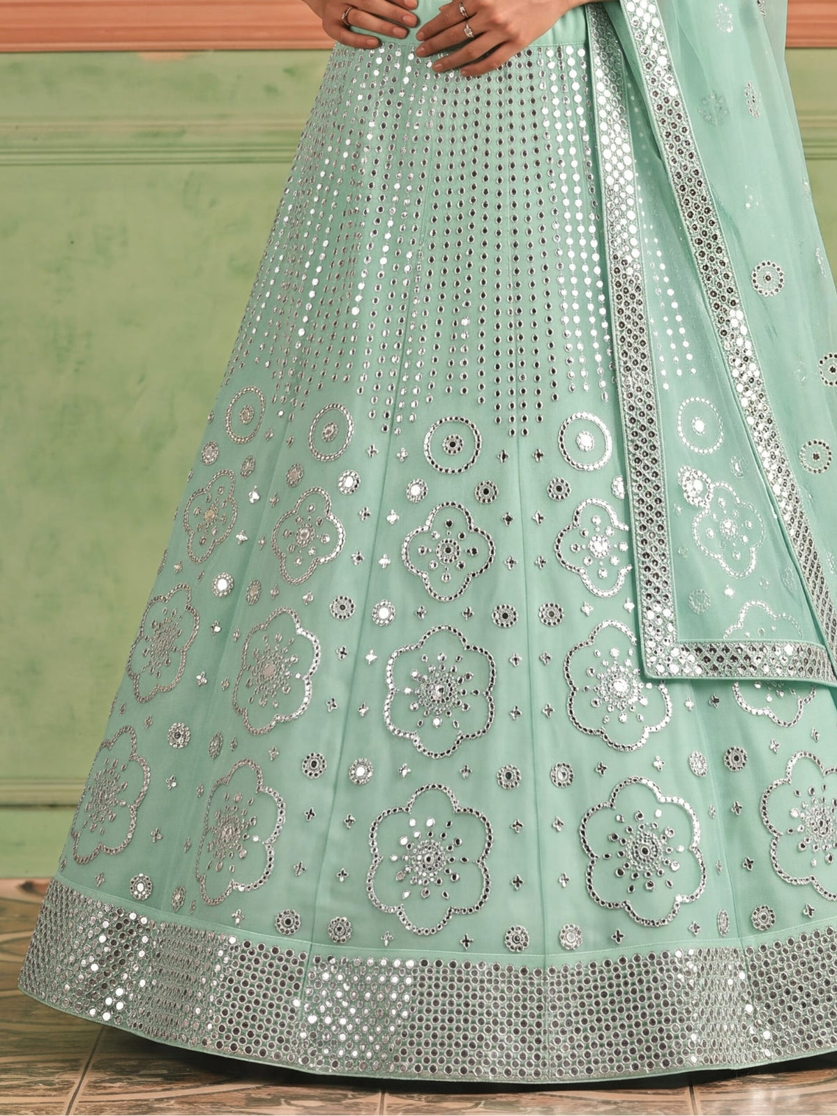 Blue Organza Embroidered Foil Mirror Work Lehenga Choli Clothsvilla