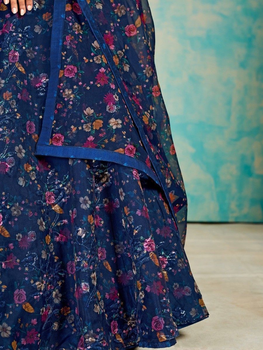 Blue Organza Floral Lehenga Choli for Womens For Indian Festival & Weddings - Print Work, Mirror Work, Thread Embroidery Work Clothsvilla