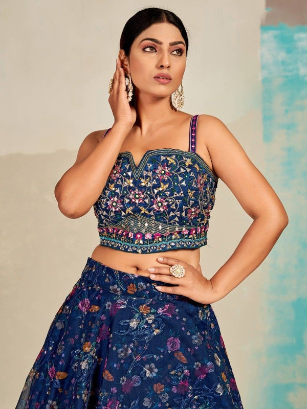 Blue Organza Floral Lehenga Choli for Womens For Indian Festival & Weddings - Print Work, Mirror Work, Thread Embroidery Work Clothsvilla