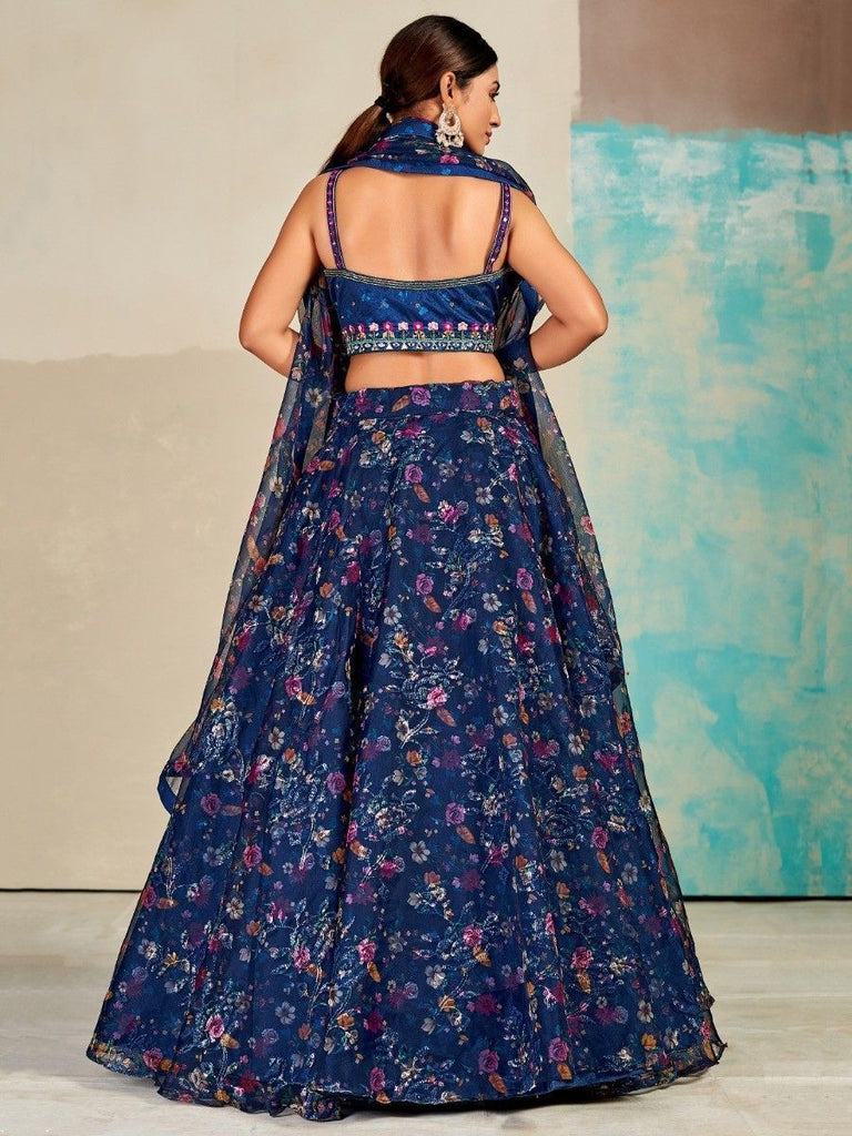 Blue Organza Floral Lehenga Choli for Womens For Indian Festival & Weddings - Print Work, Mirror Work, Thread Embroidery Work Clothsvilla