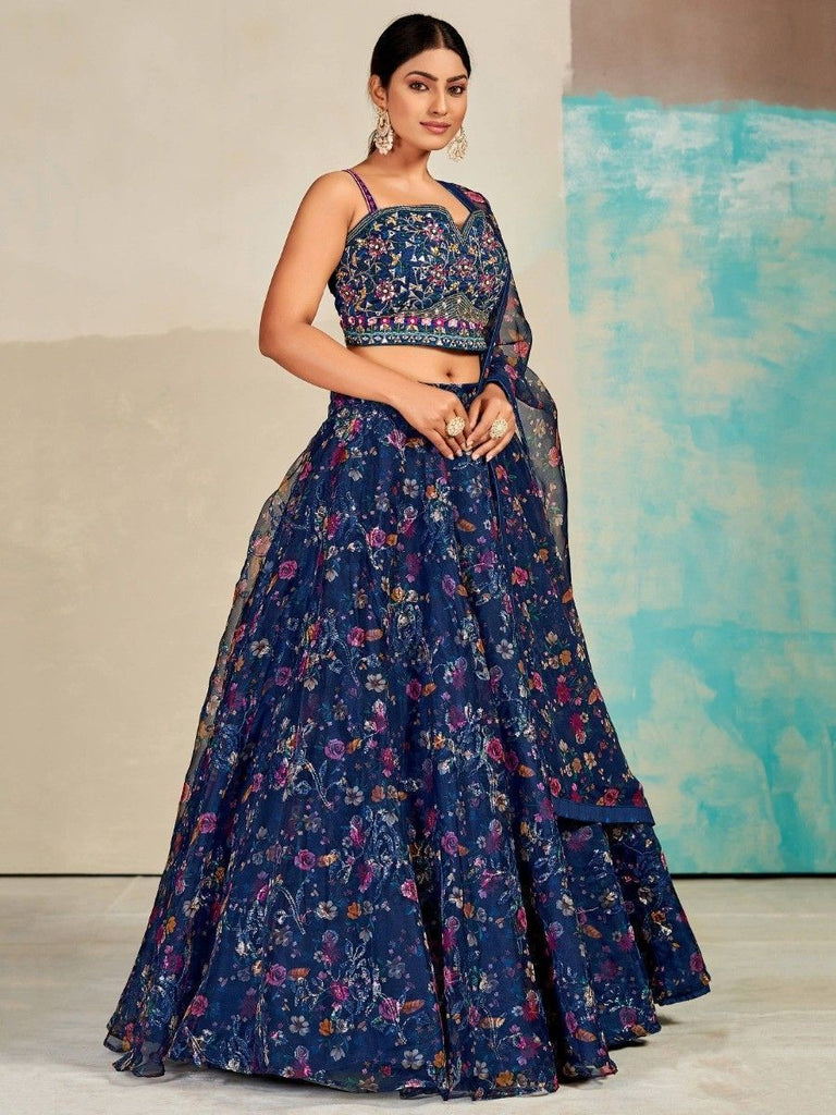 Blue Organza Floral Lehenga Choli for Womens For Indian Festival & Weddings - Print Work, Mirror Work, Thread Embroidery Work Clothsvilla