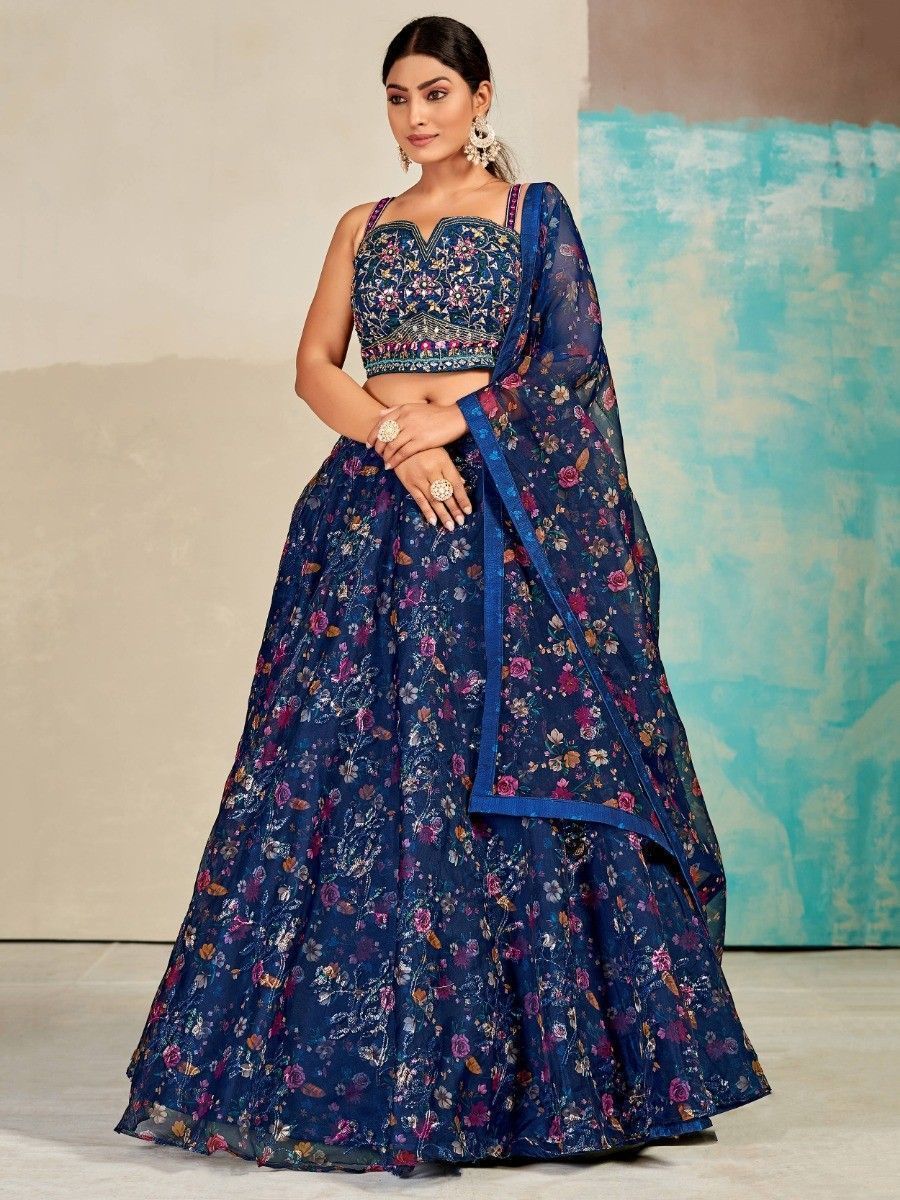 Blue Organza Floral Lehenga Choli for Womens For Indian Festival & Weddings - Print Work, Mirror Work, Thread Embroidery Work Clothsvilla