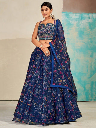 Blue Organza Floral Lehenga Choli for Womens For Indian Festival & Weddings - Print Work, Mirror Work, Thread Embroidery Work Clothsvilla