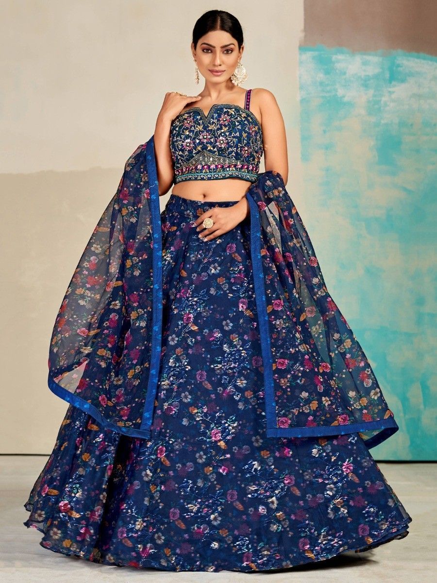 Blue Organza Floral Lehenga Choli for Womens For Indian Festival & Weddings - Print Work, Mirror Work, Thread Embroidery Work Clothsvilla