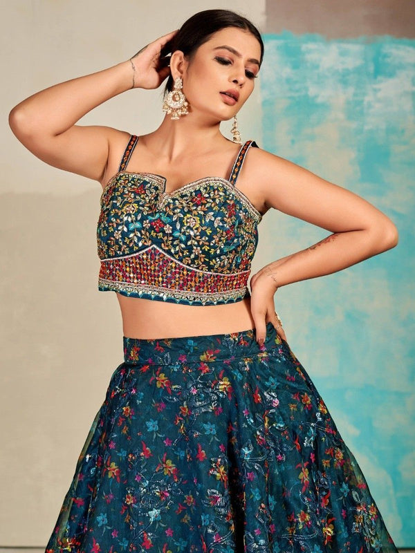 Blue Organza Floral Lehenga Choli for Womens For Indian Festival & Weddings - Print Work, Mirror Work, Thread Embroidery Work Clothsvilla