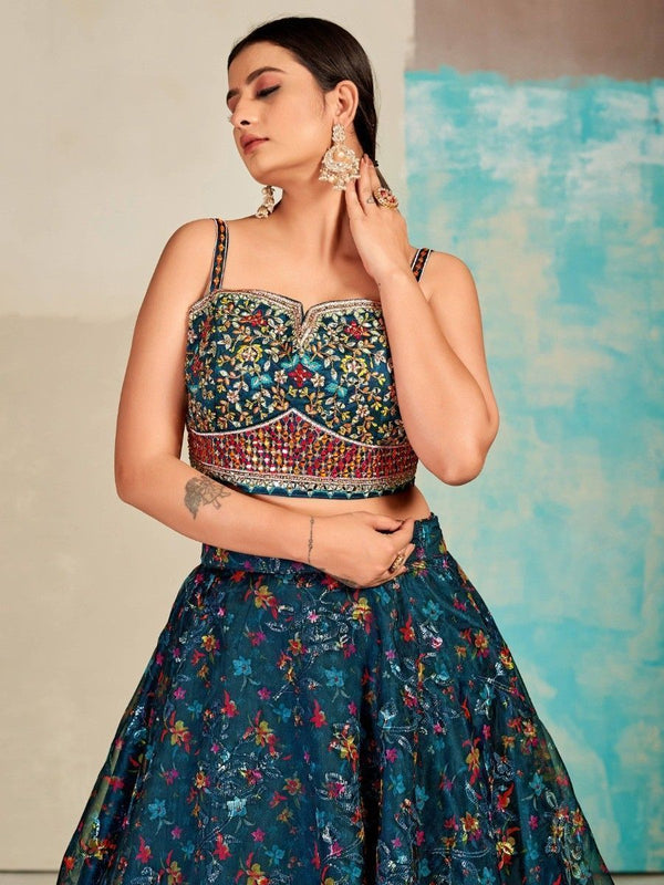 Blue Organza Floral Lehenga Choli for Womens For Indian Festival & Weddings - Print Work, Mirror Work, Thread Embroidery Work Clothsvilla