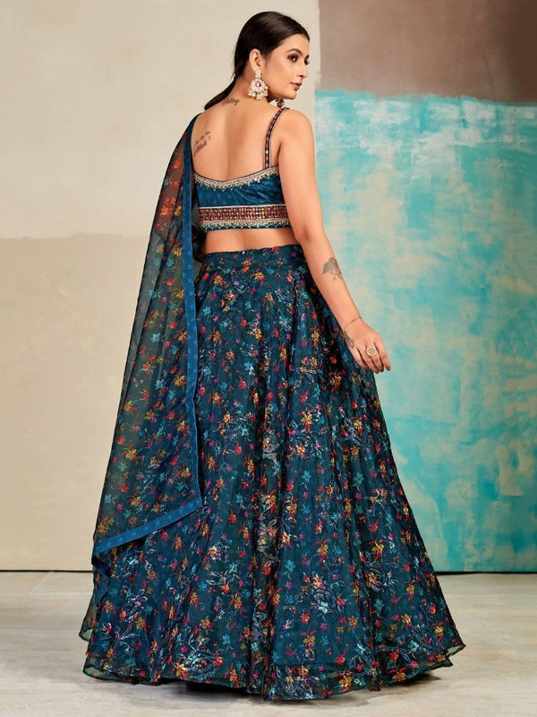 Blue Organza Floral Lehenga Choli for Womens For Indian Festival & Weddings - Print Work, Mirror Work, Thread Embroidery Work Clothsvilla