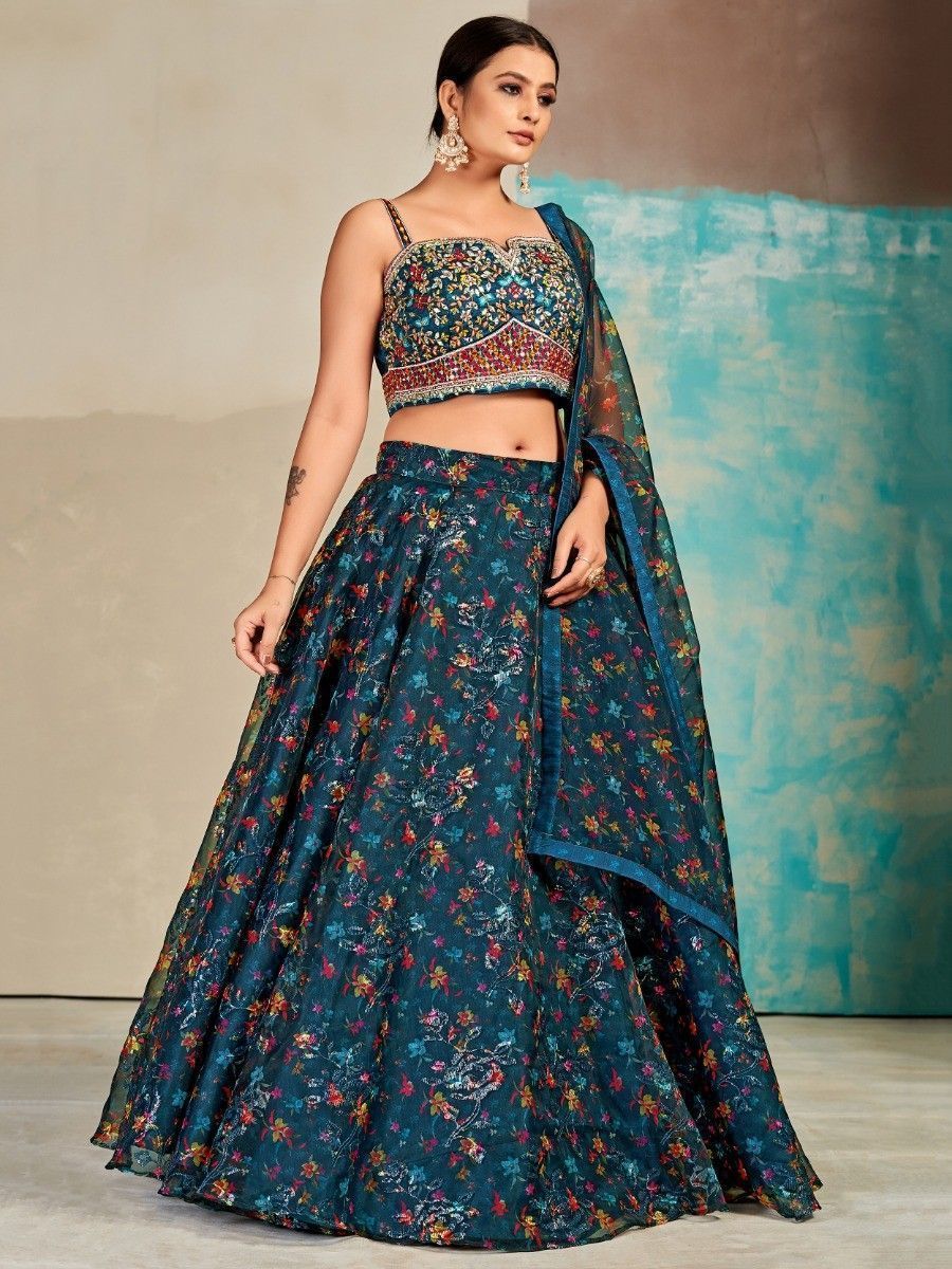 Blue Organza Floral Lehenga Choli for Womens For Indian Festival & Weddings - Print Work, Mirror Work, Thread Embroidery Work Clothsvilla Main image