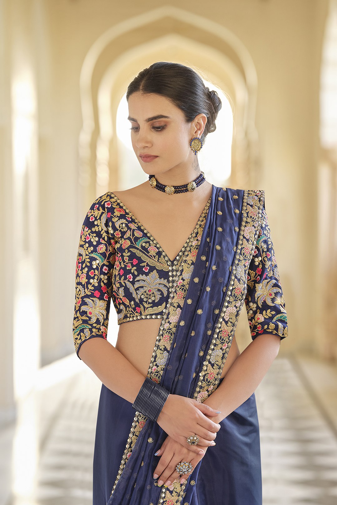 Blue Organza Saree with Zari, Thread & Sequins Work Unstitched Bangalori Silk Blouse ClothsVilla