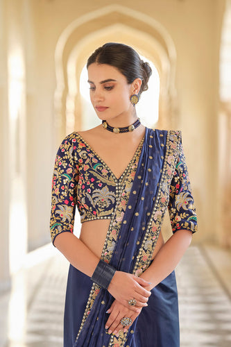 Blue Organza Saree with Zari, Thread & Sequins Work Unstitched Bangalori Silk Blouse ClothsVilla