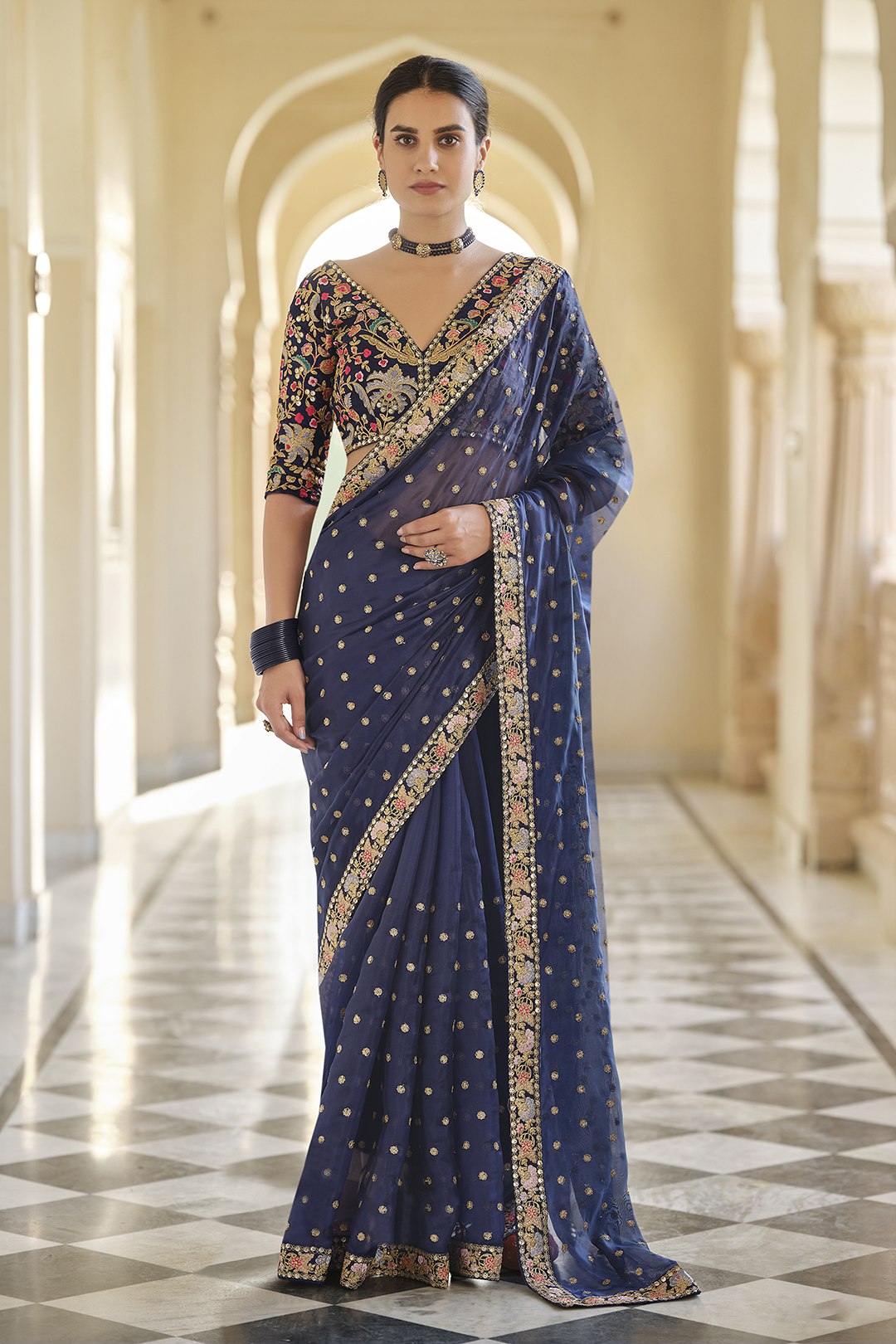 Blue Organza Saree with Zari, Thread & Sequins Work Unstitched Bangalori Silk Blouse ClothsVilla Main image