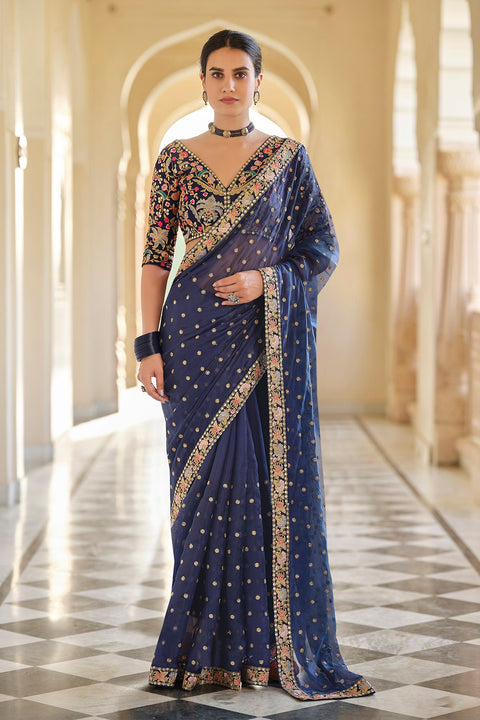 Blue Organza Saree with Zari, Thread & Sequins Work Unstitched Bangalori Silk Blouse ClothsVilla Main image