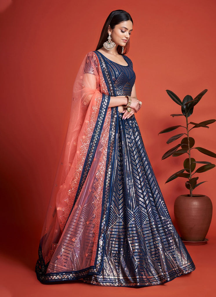 Blue Pakistani Georgette Lehenga Choli For Indian Festivals & Weddings - Sequence Embroidery Work, Thread Embroidery Work, Clothsvilla