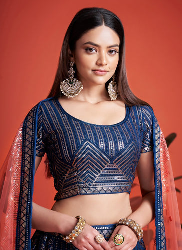 Blue Pakistani Georgette Lehenga Choli For Indian Festivals & Weddings - Sequence Embroidery Work, Thread Embroidery Work, Clothsvilla