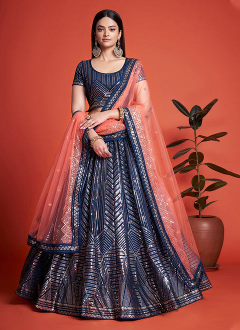 Blue Pakistani Georgette Lehenga Choli For Indian Festivals & Weddings - Sequence Embroidery Work, Thread Embroidery Work, Clothsvilla Main image