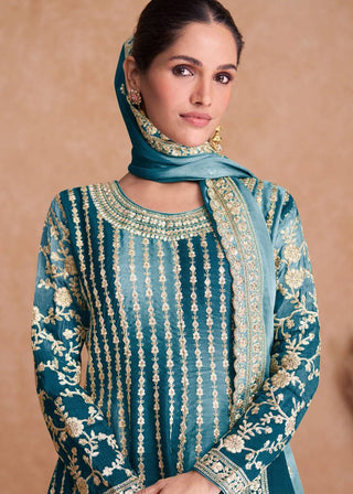 Blue Pakistani Outfit Wear Sharara Dress For Women Wedding Gharara Salwar Kameez With Embroidered Dupatta Bridesmaid's Wear Sharara Suit's