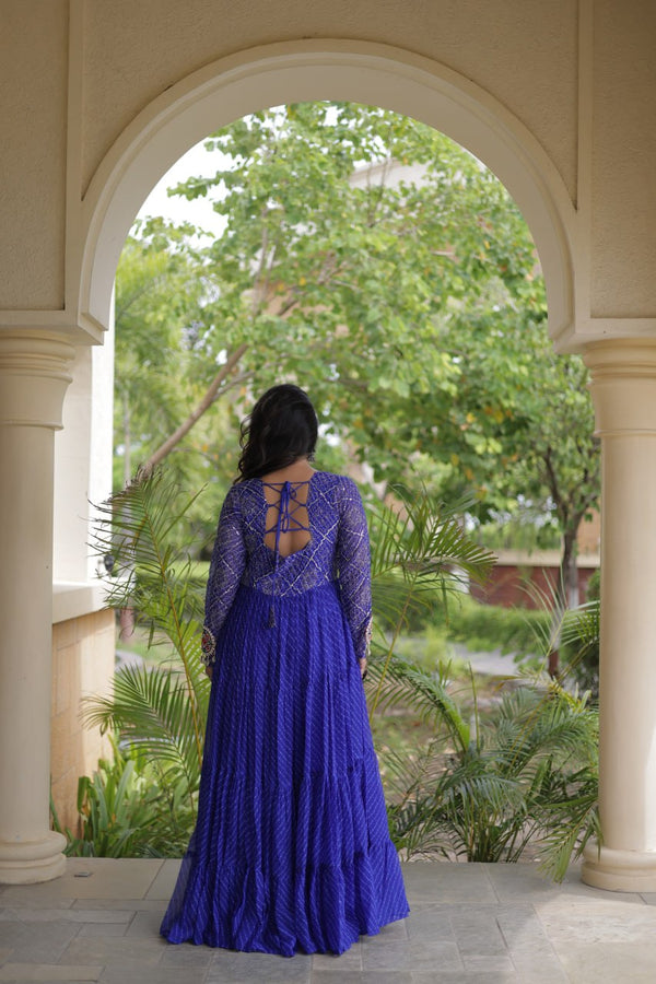 Blue Patchwork Laheriya Print Gown ClothsVilla